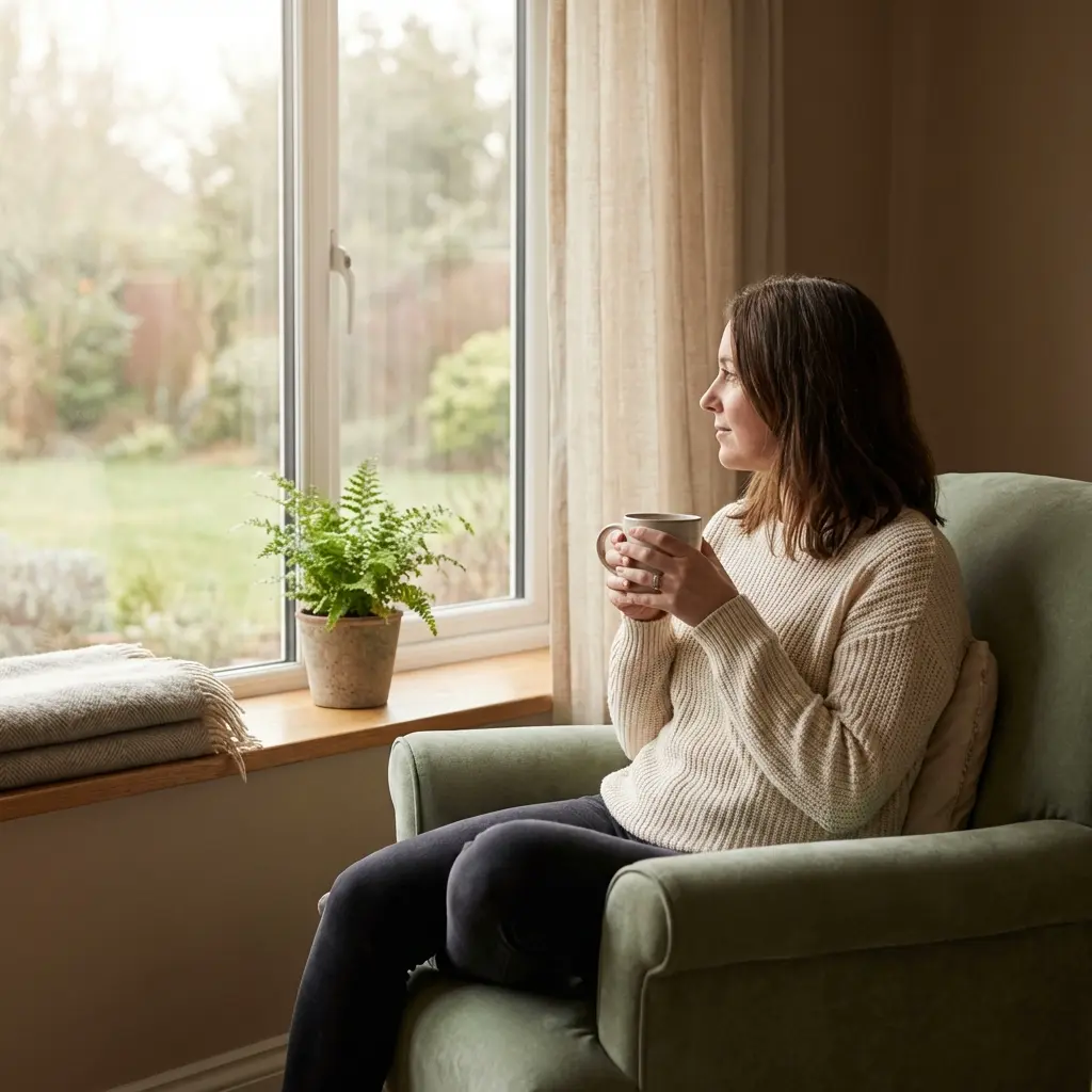 Woman sitting peacefully by a window holding a warm cup of tea, reflecting with hope