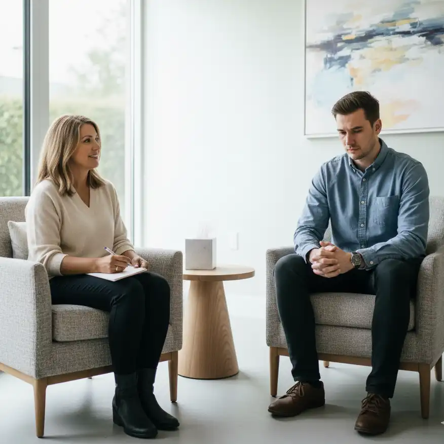 Comfortable therapy room setting for face-to-face counselling sessions