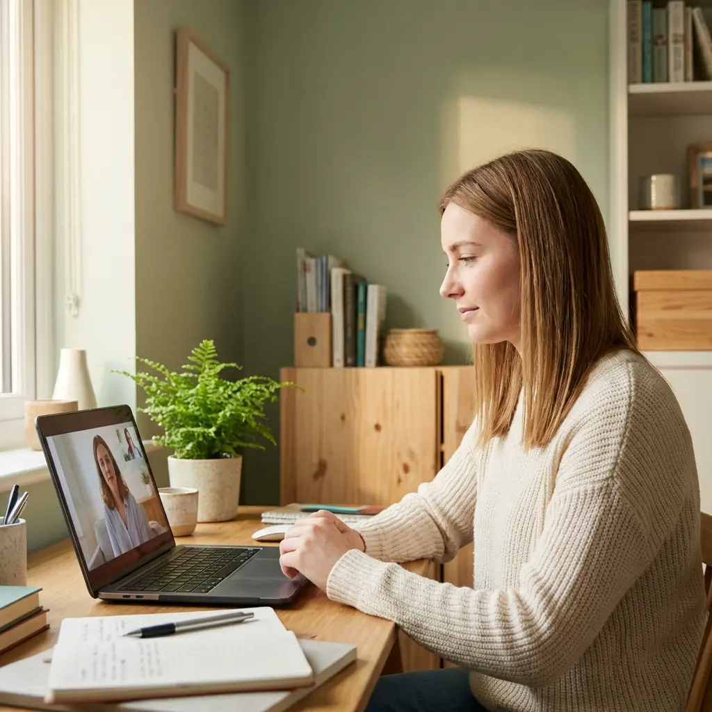 Woman engaged in an online video counselling session from home