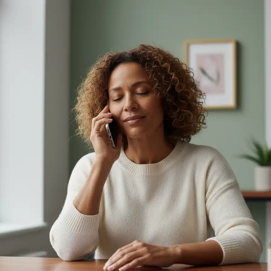 Person comfortably engaged in telephone counselling from home